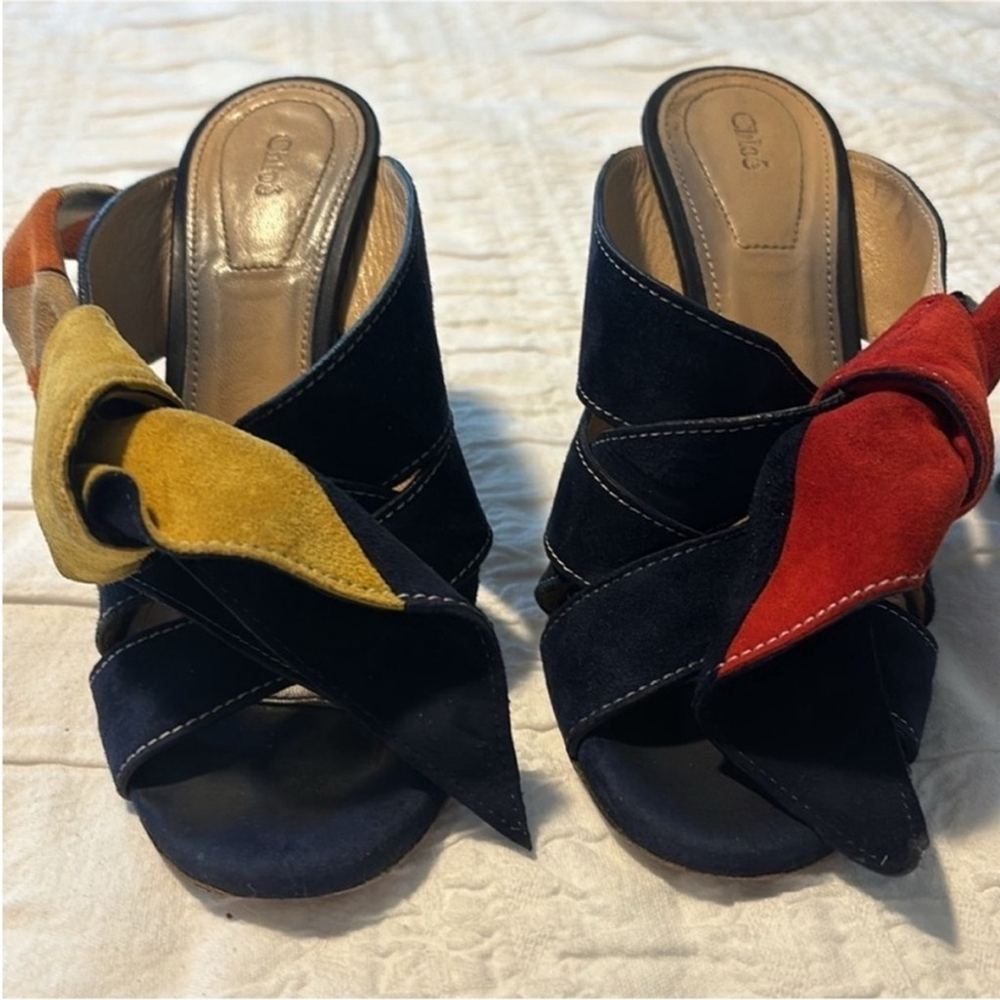 Chloé Nellie Suede Sandals Slip On Block Heel Knot Detail Navy Blue Women's US 5 - Picture 13 of 13